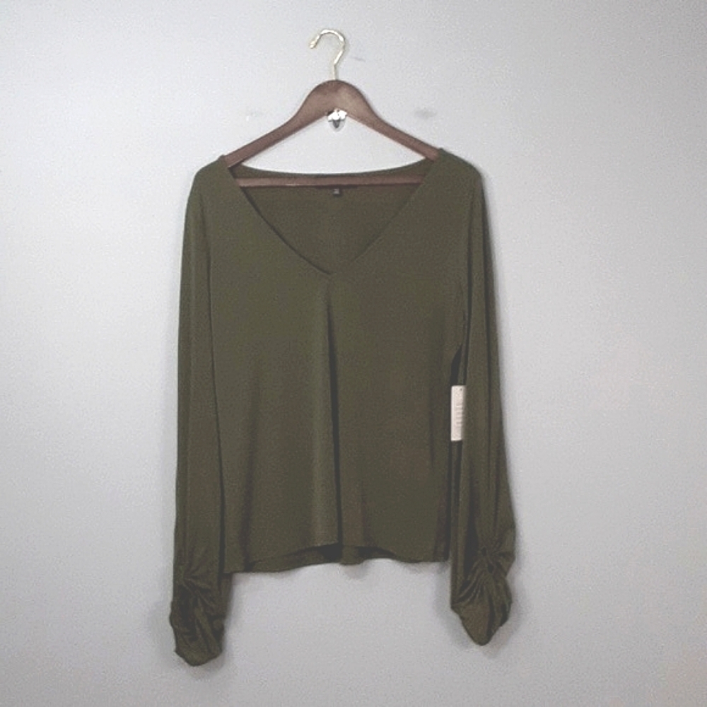 Eloquii Olive Hunter Green V-Neck Long Sleeve Blouse